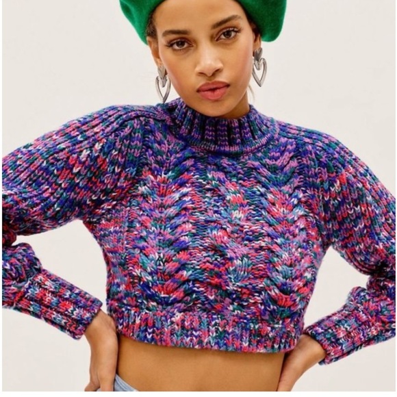 For Love And Lemons Sweater Sydney Blue Sapphire Cropped Chunky Knit - Picture 2 of 7